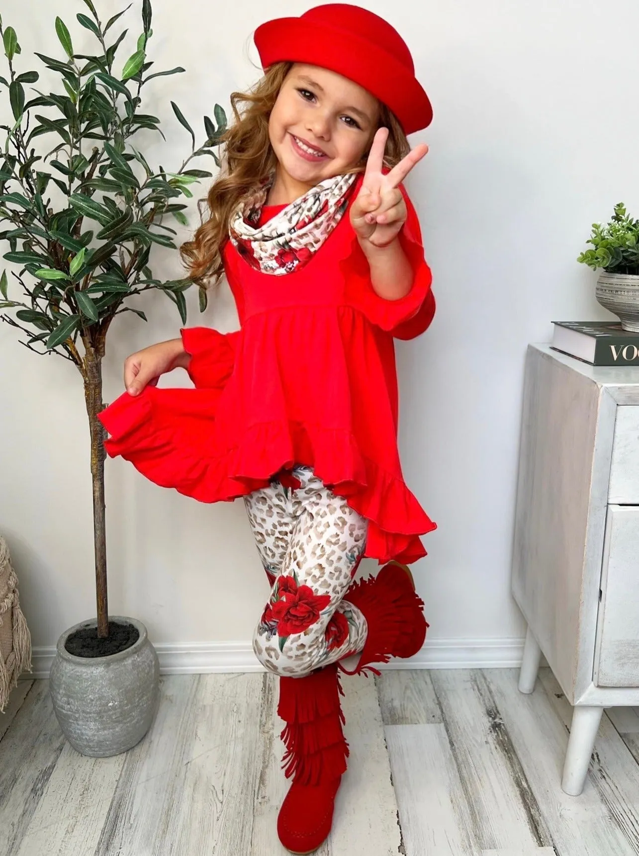 Cherry Floral Animal Print Tunic, Legging And Scarf Set