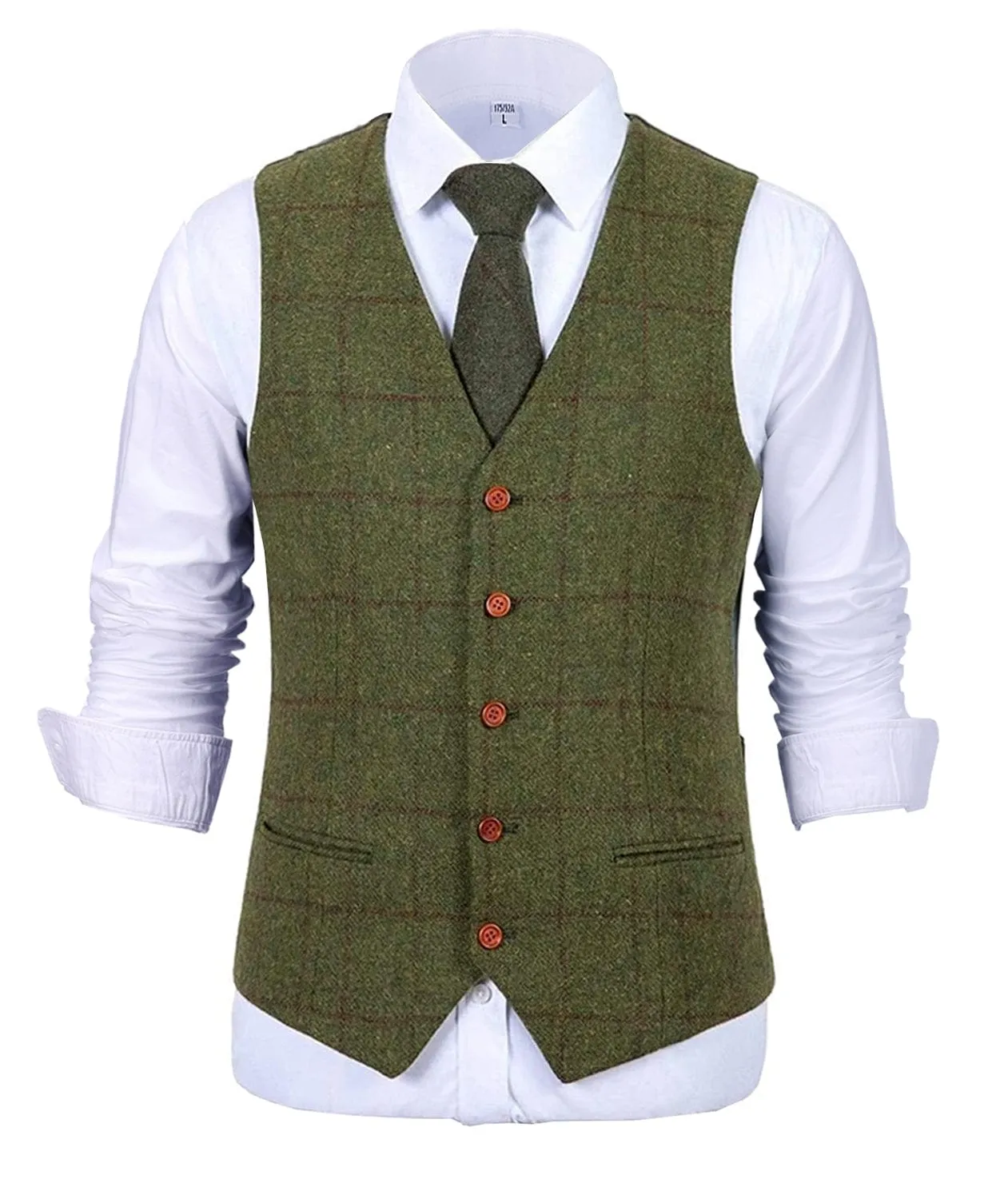 Classic Men's Suit Vest Plaid Tweed V Neck Waistcoat