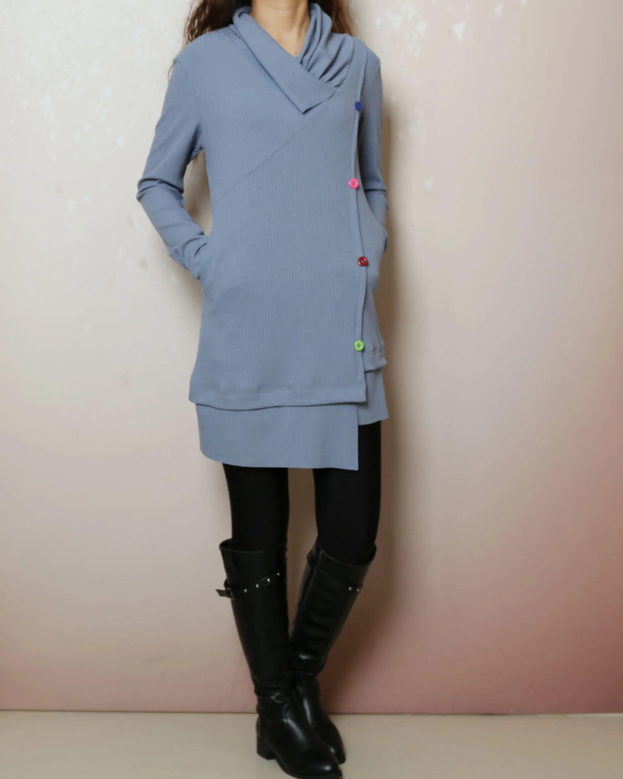 Cotton tunic dress, Rib knit top, Cotton tunic dress with thumbhole, long sleeve tunic, tunic top for leggings,lightweight sweater (Y2169)