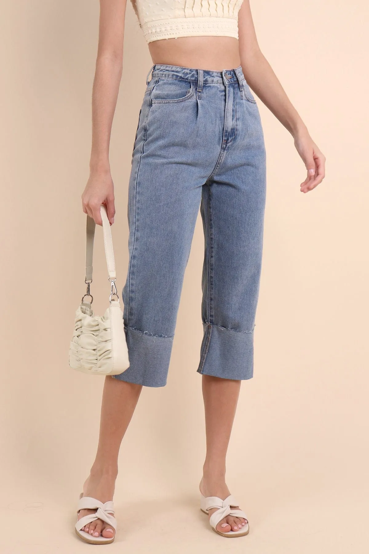 DAMARIS CUFFED DENIM CULOTTES IN ACID WASH