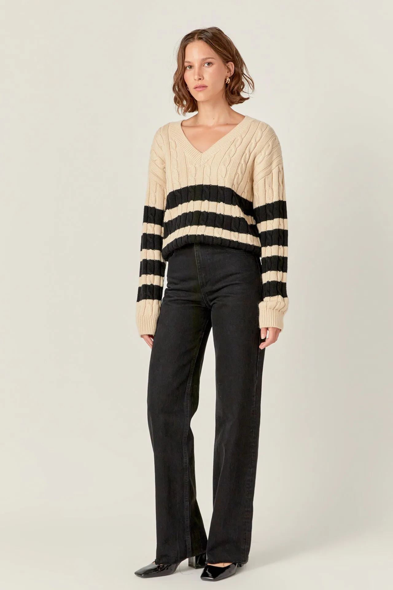 English Factory - Striped Cable Knit Sweater