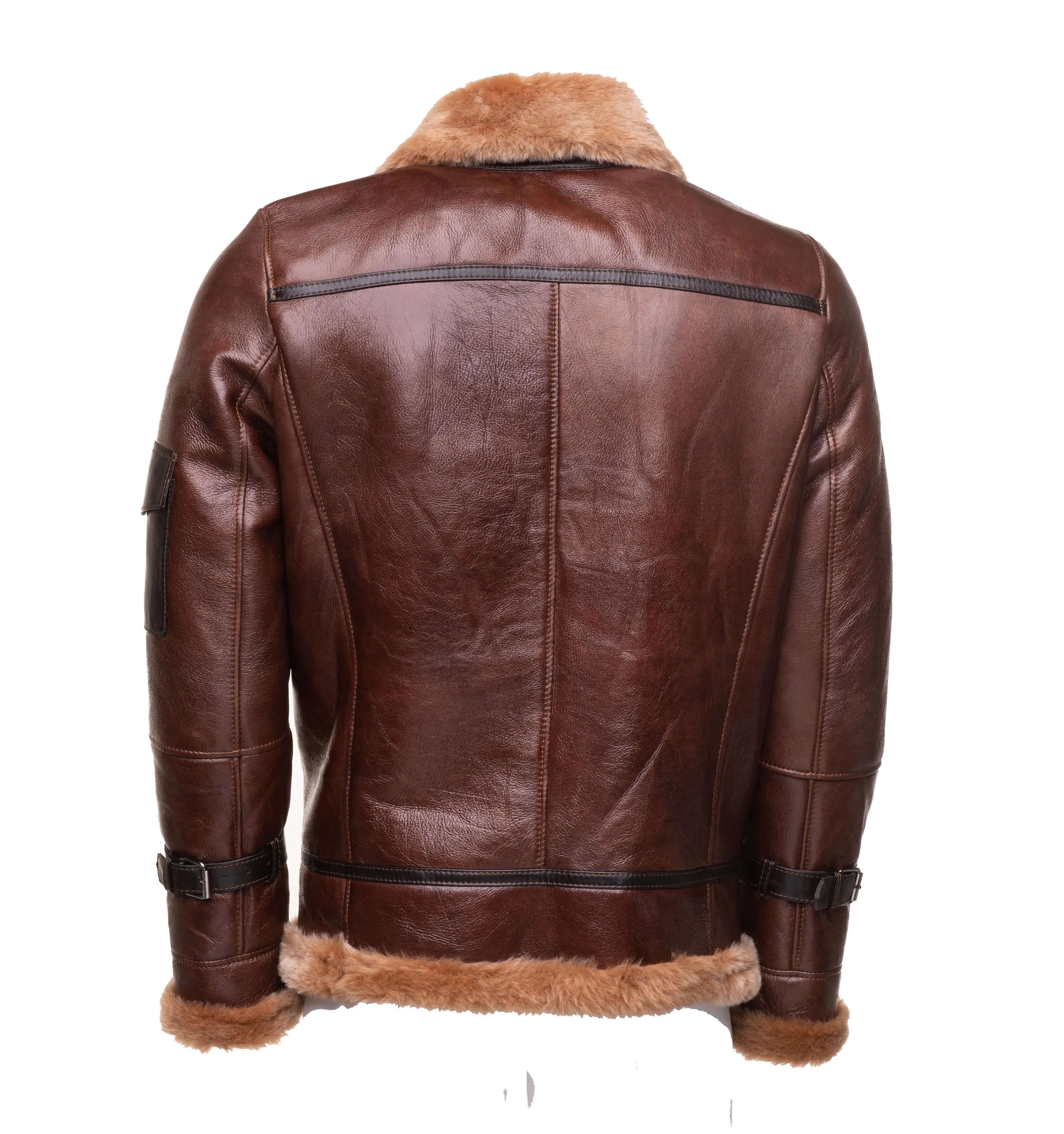 Esa Brown Shearling Sheepskin Bomber Jacket with large pockets