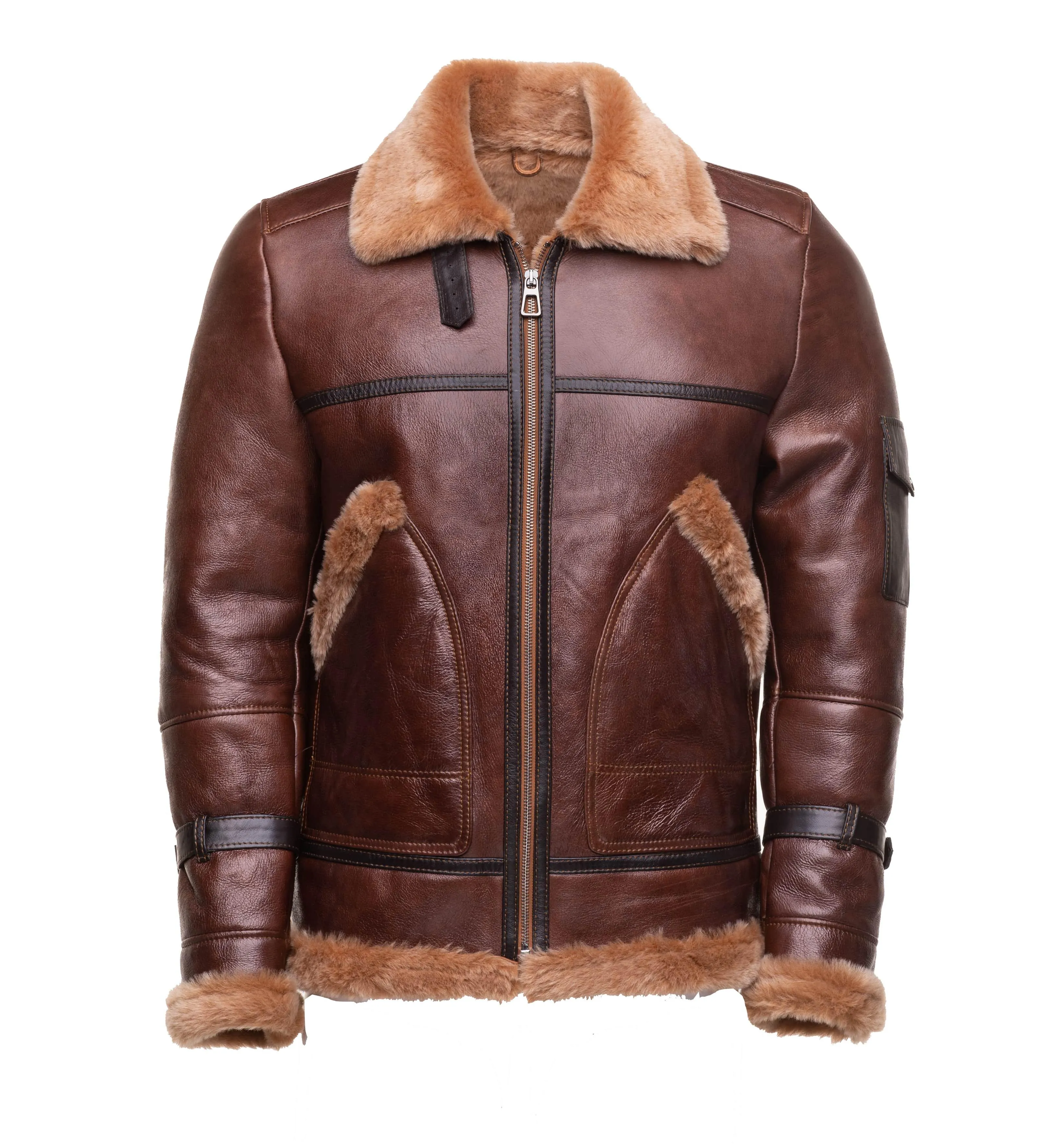 Esa Brown Shearling Sheepskin Bomber Jacket with large pockets