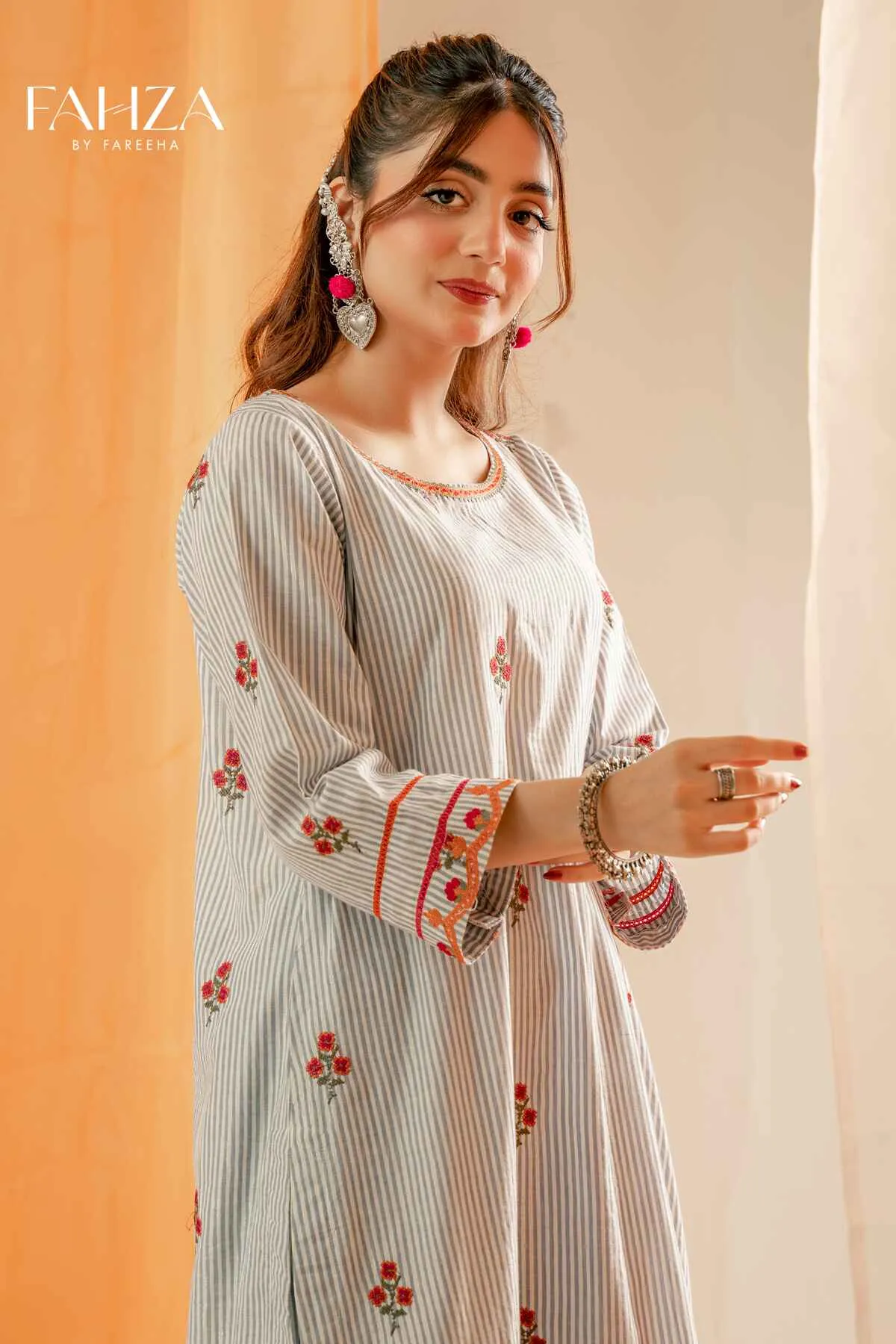 Fahza by Fareeha - Flourish - White Grey - Cotton - 2 Piece