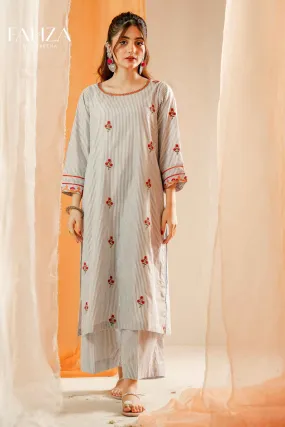 Fahza by Fareeha - Flourish - White Grey - Cotton - 2 Piece