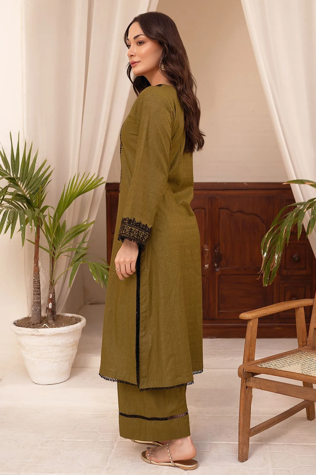 Fahza by Fareeha - Prism - Olive Green - Self-Cotton - 2 Piece