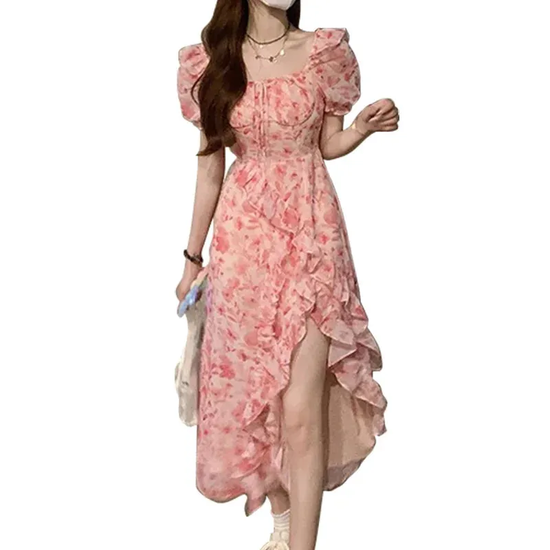 Fashion Women Floral Print Ruffles Split Dress Summer Casual Short Sleeve Dresses French Style Elegant Dress Female Clothes