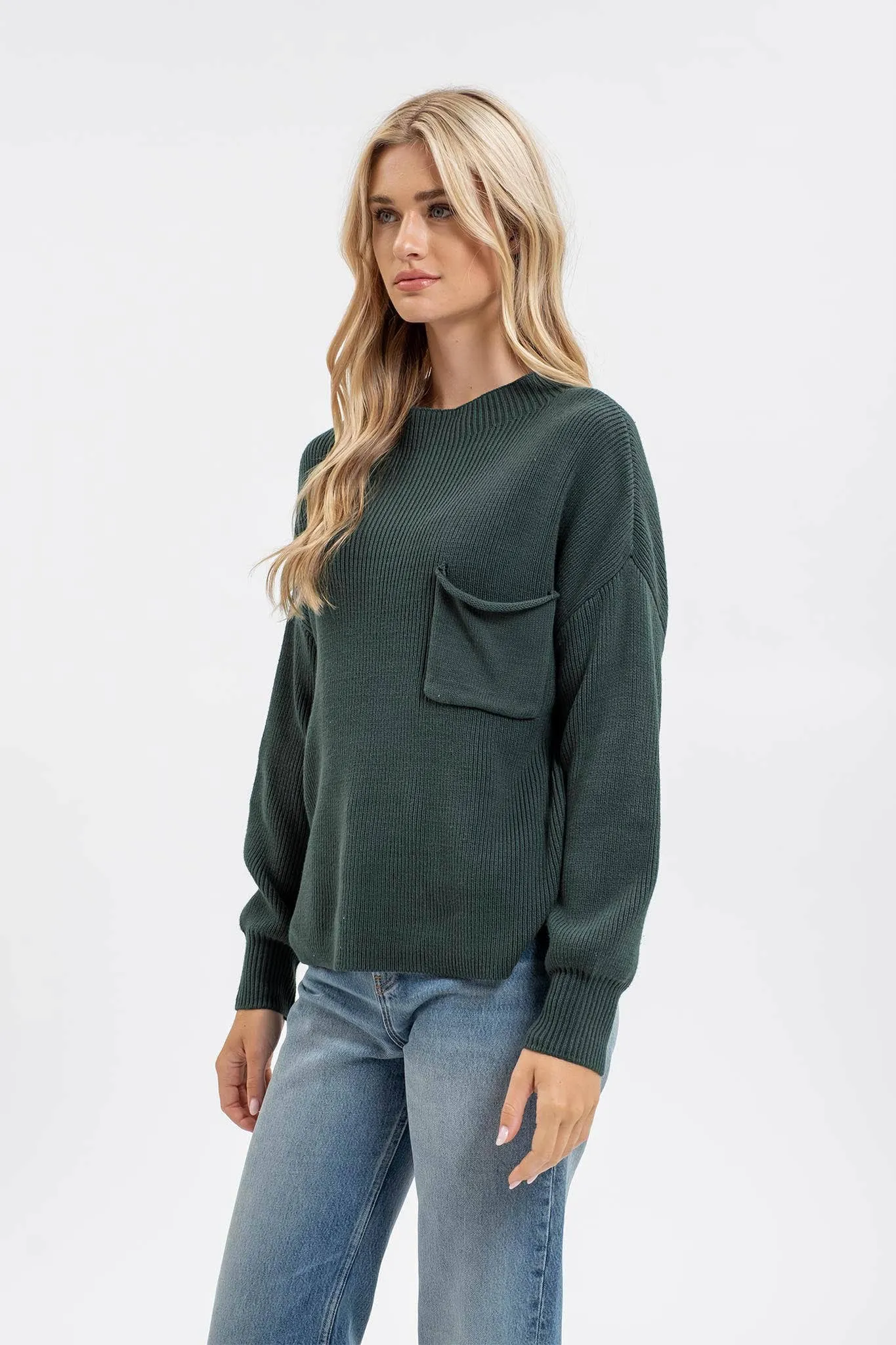 FUNNEL NECK LONG SLEEVE RIBBED PULLOVER SWEATER