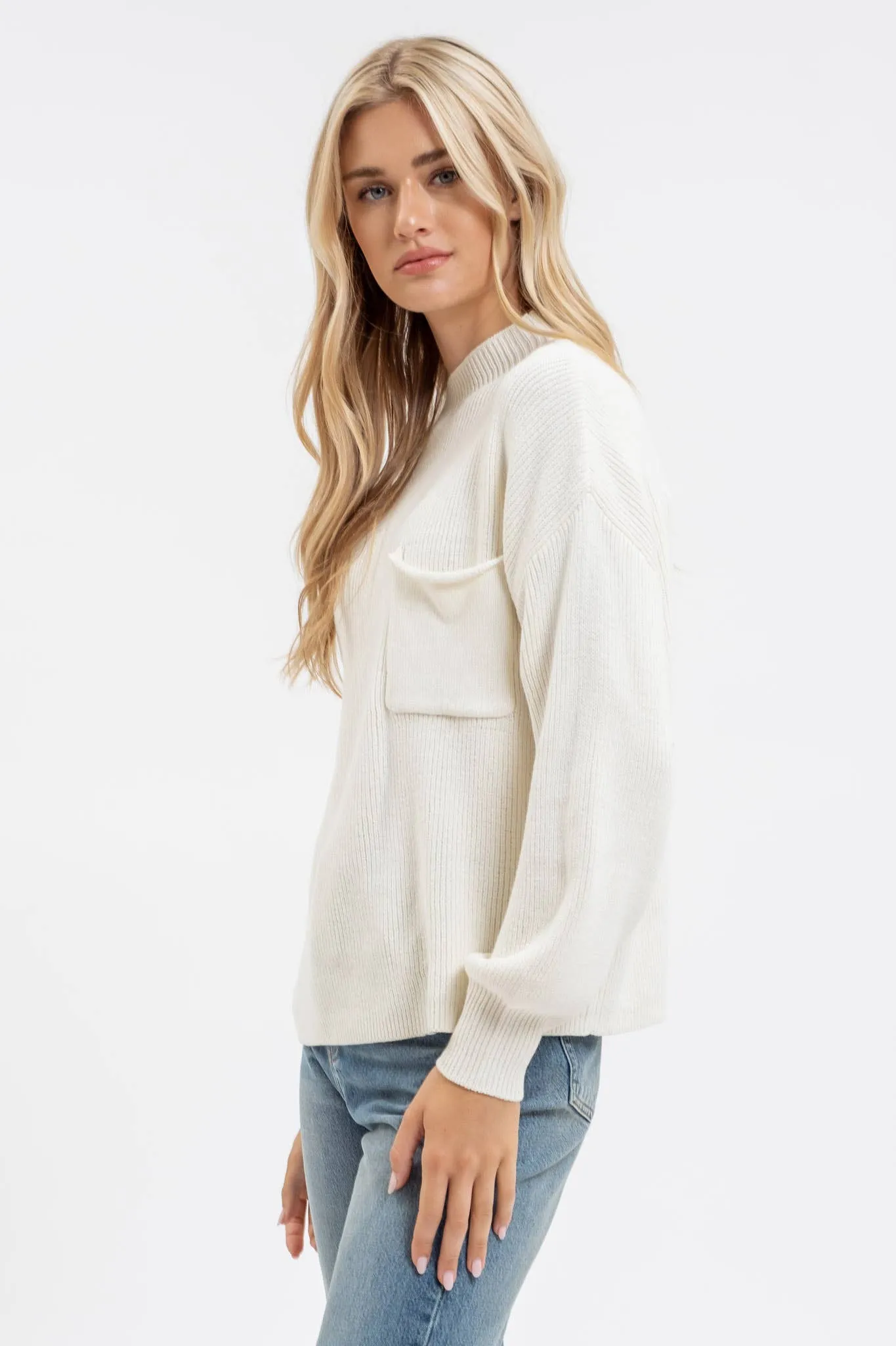 FUNNEL NECK LONG SLEEVE RIBBED PULLOVER SWEATER