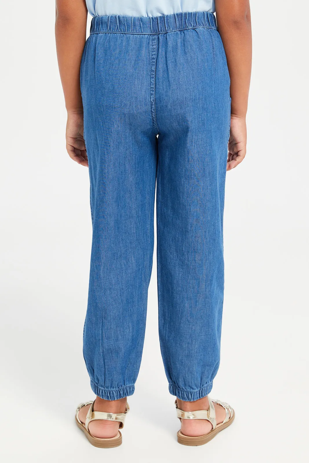 Girls Blue Plain Denim Joggers