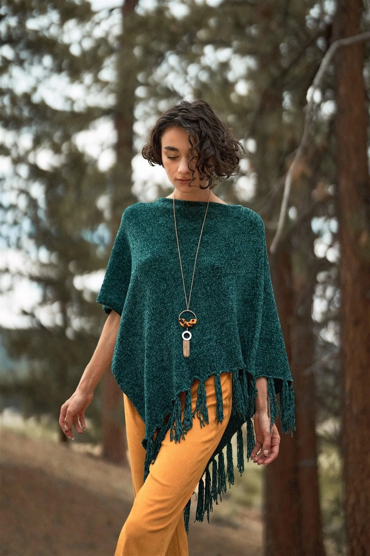 Green Chenille Knit Tassel Fringe Side Trim Poncho /ONE SIZE