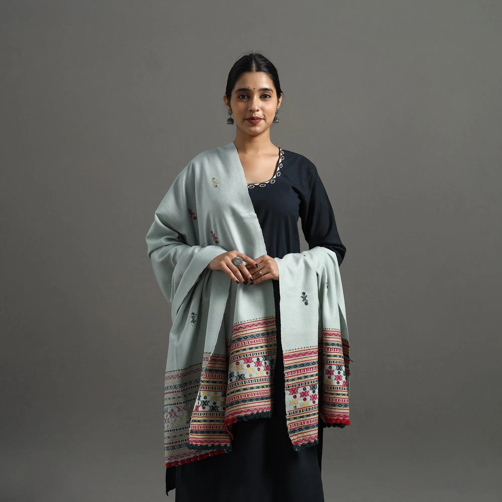 Grey - Kutch Handwoven Mirror Work Woollen Shawl 23