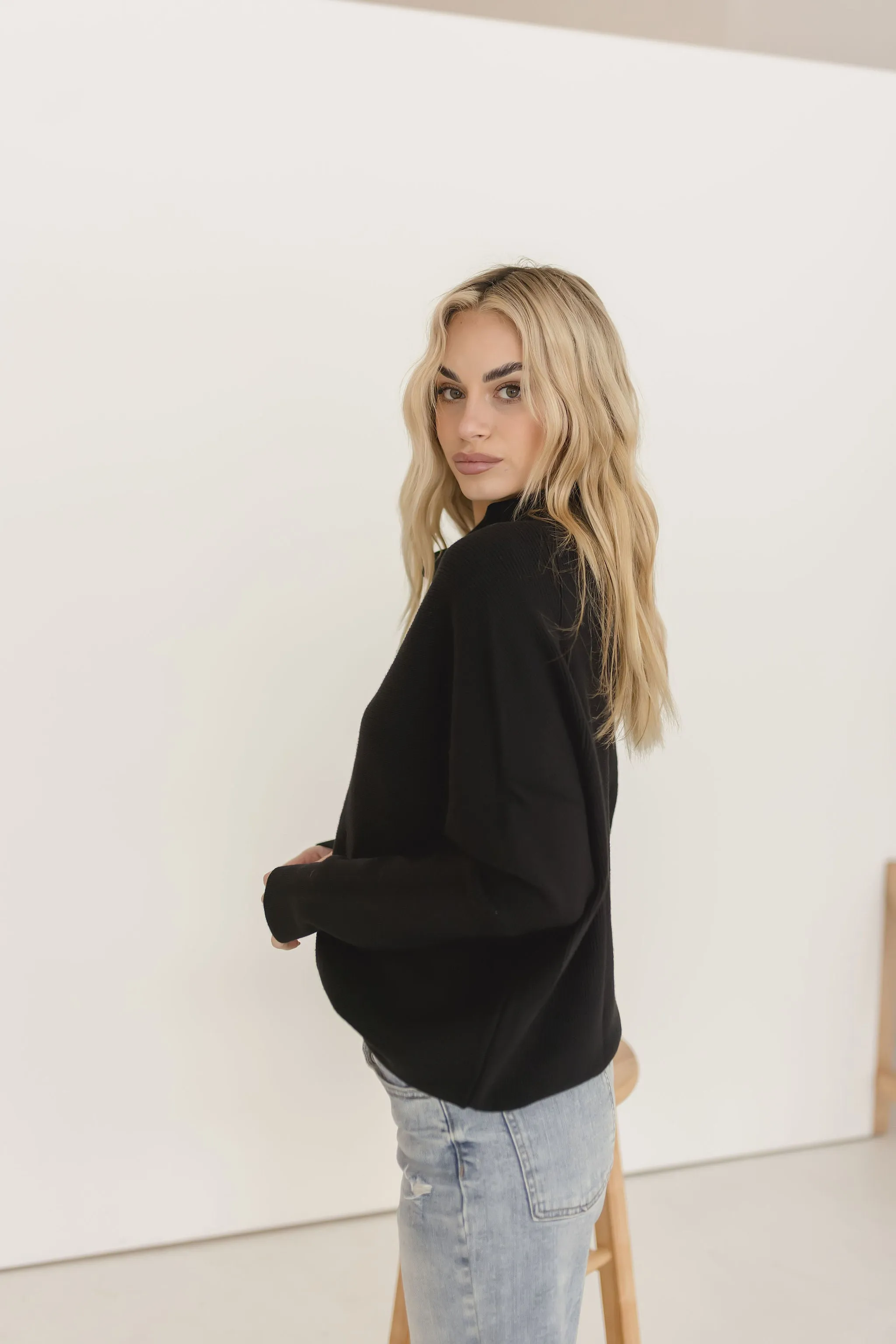 Gwen Long Sleeve Slouched Funnel Neck Sweater Black