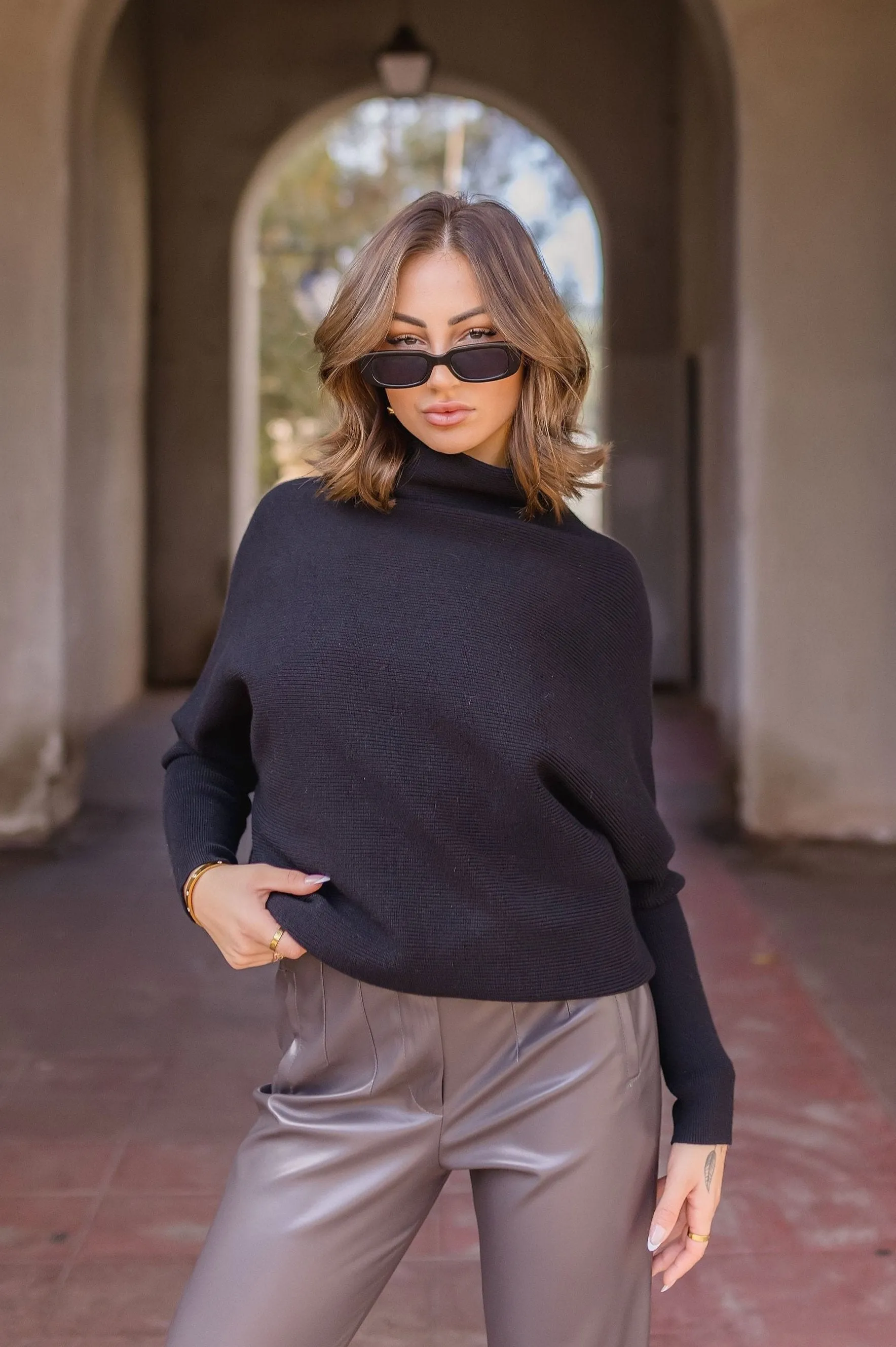 Gwen Long Sleeve Slouched Funnel Neck Sweater Black