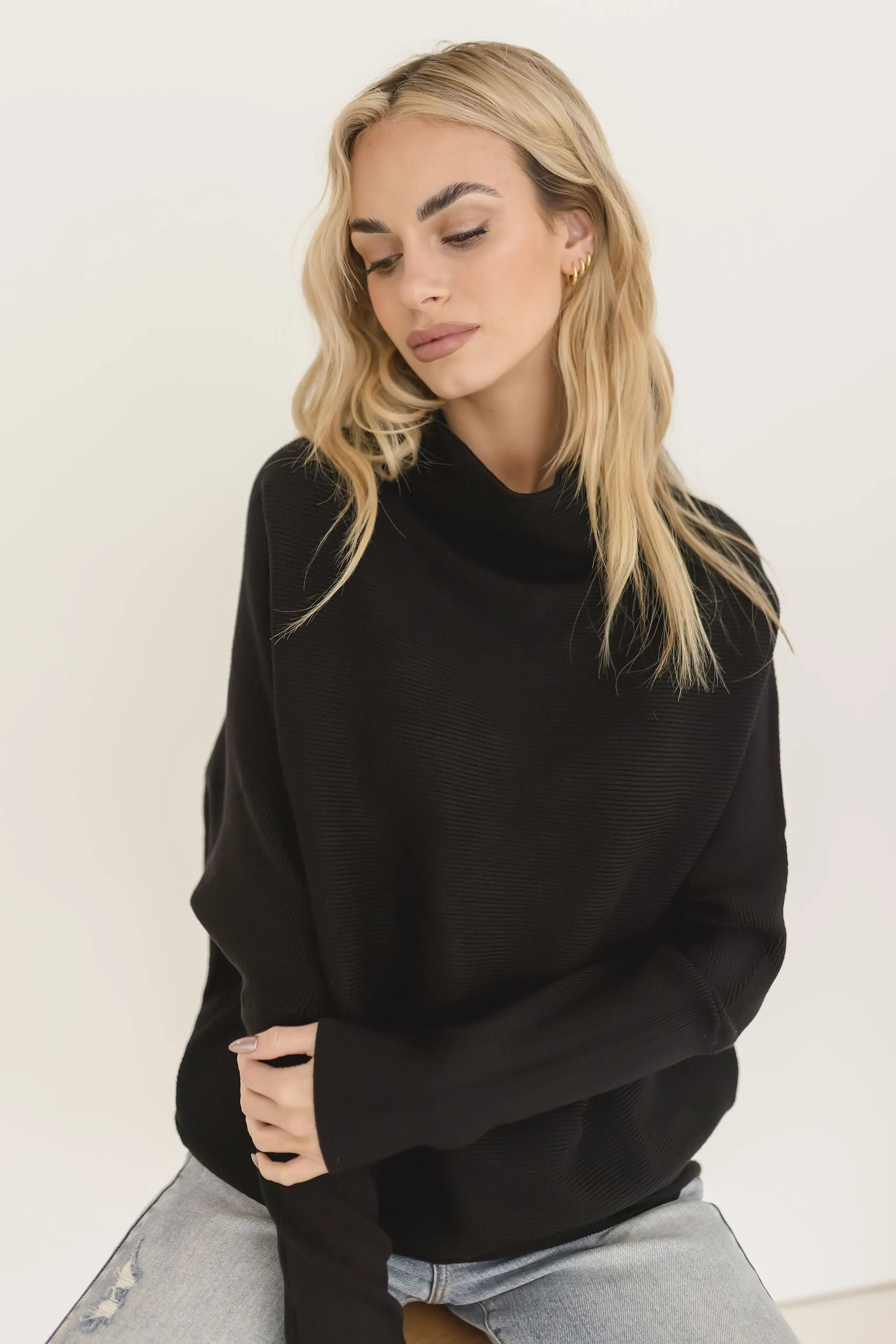 Gwen Long Sleeve Slouched Funnel Neck Sweater Black