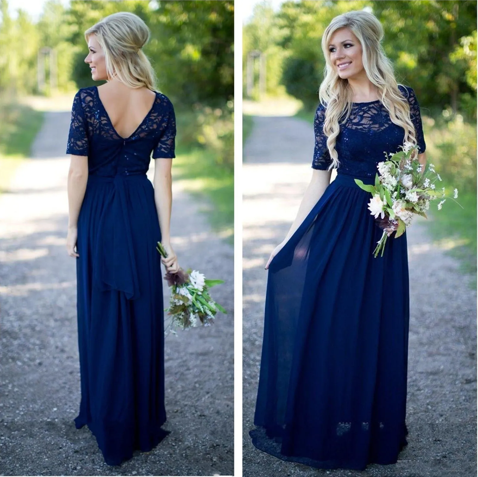 Half Sleeves Navy Blue Lace Long Prom Dresses, Navy Blue Lace Formal Dresses, Navy Blue Bridesmaid Dresses