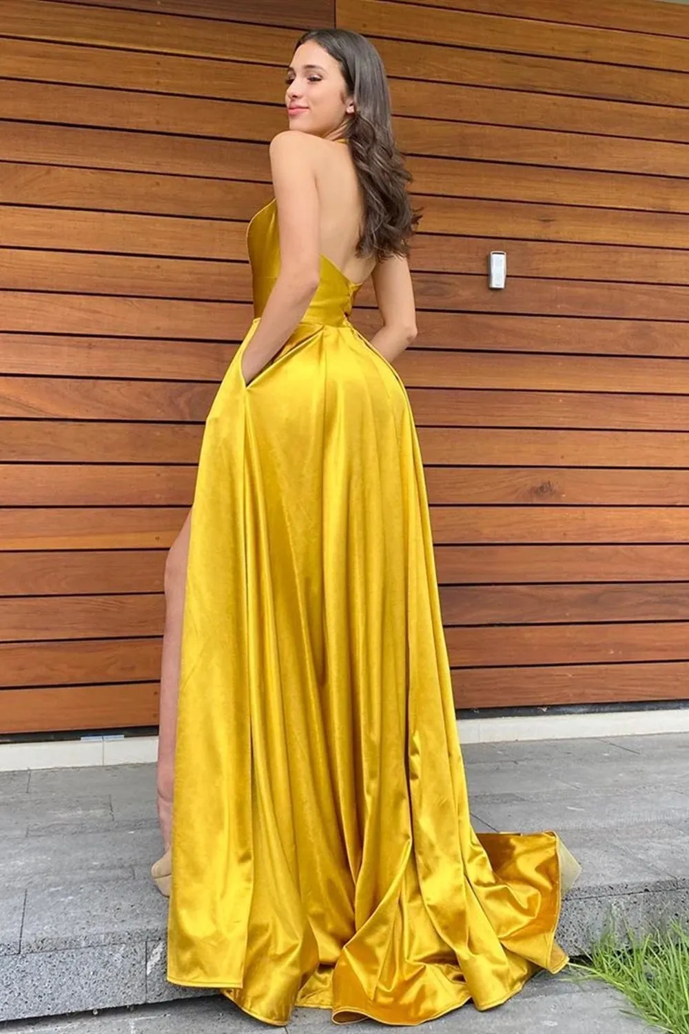 Halter V Neck Backless Yellow Long Prom Dresses with High Slit, Backless Yellow Formal Graduation Evening Dresses