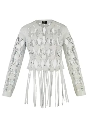 Heather Geometric Cut-Out Fringed Leather Jacket