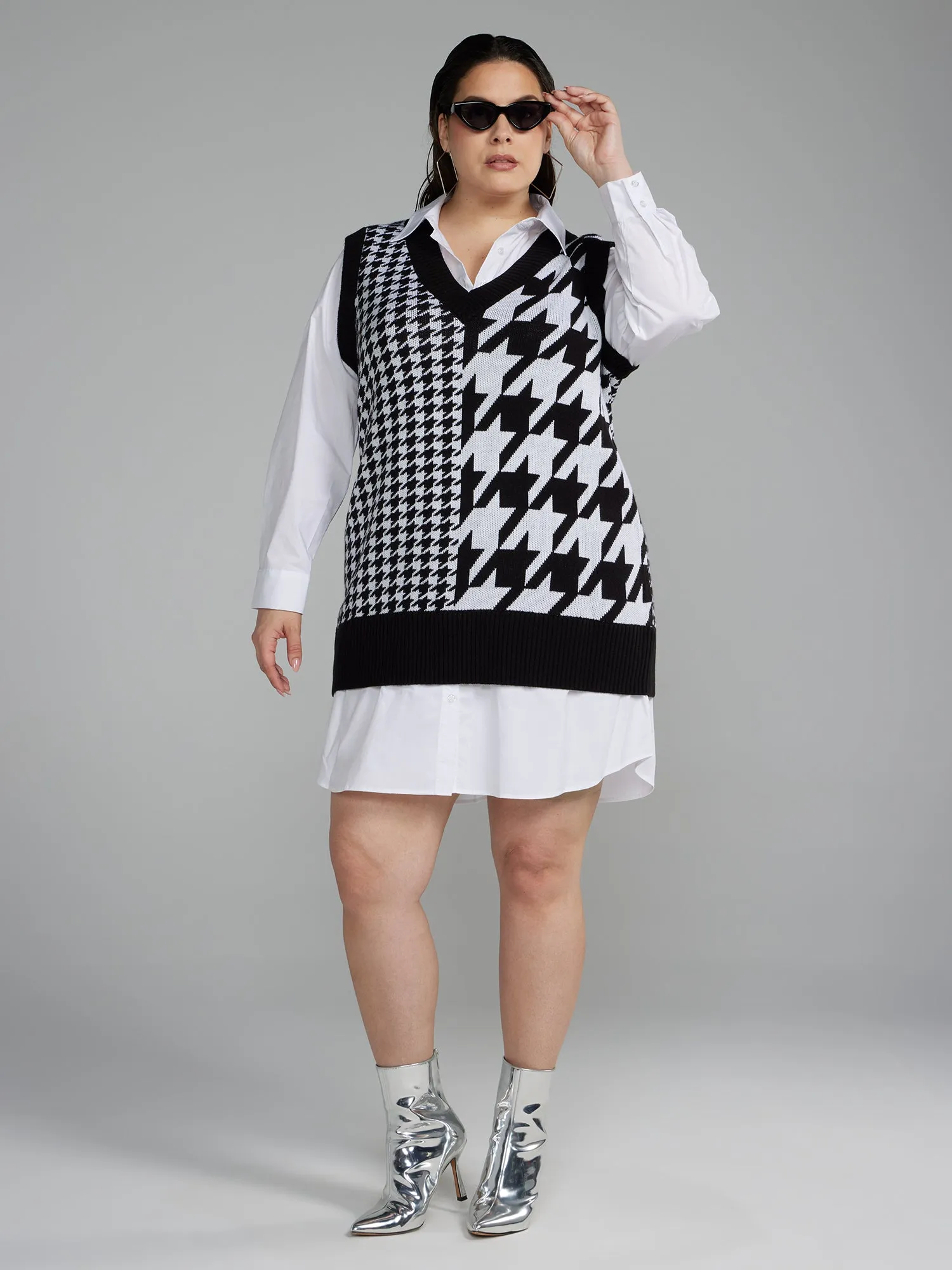 Houndstooth 2fer Sweater Shirt Dress