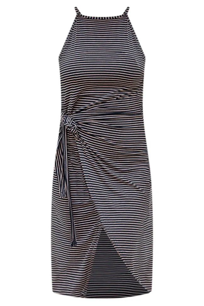 In A Dream State Black and Brown Striped Tank Tie Front Midi Dress FINAL SALE