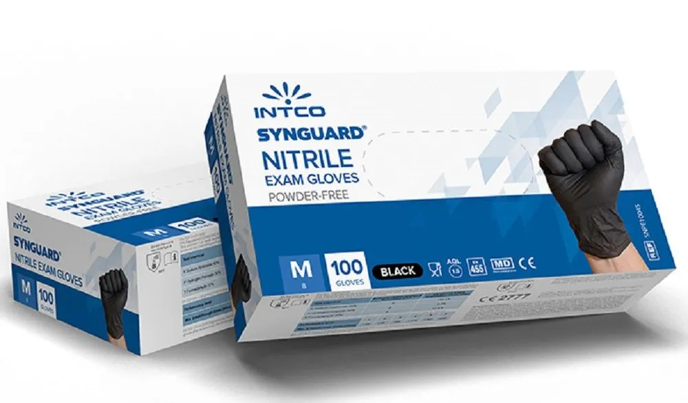 Intco Synguard NGXM10-BLACK Exam Grade Nitrile Gloves, Black, Box of 100