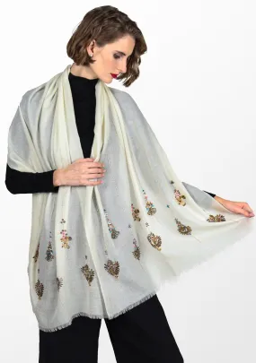 Ivory Cashmere Scarf with Metallic Bead Embroidery