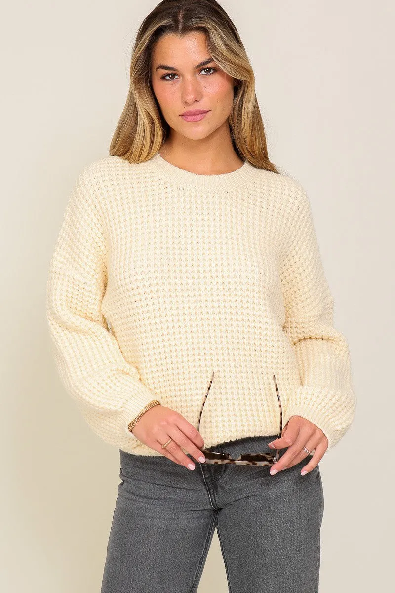 Ivory Waffle Stitch Round Neck Sweater