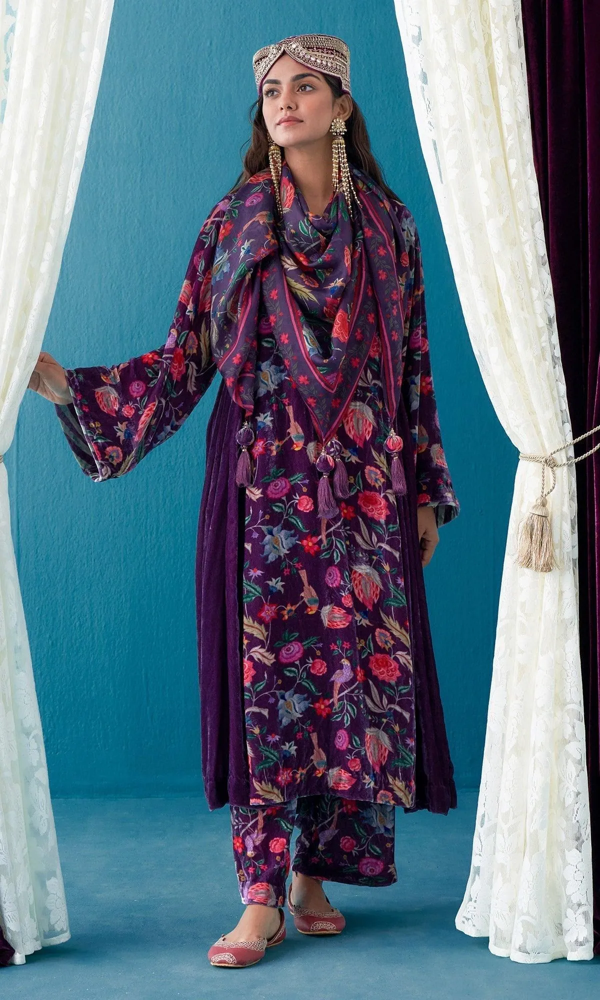 Khizaan Chintz Plum Velvet Choga Set  With Silk Scarf Set Of 3