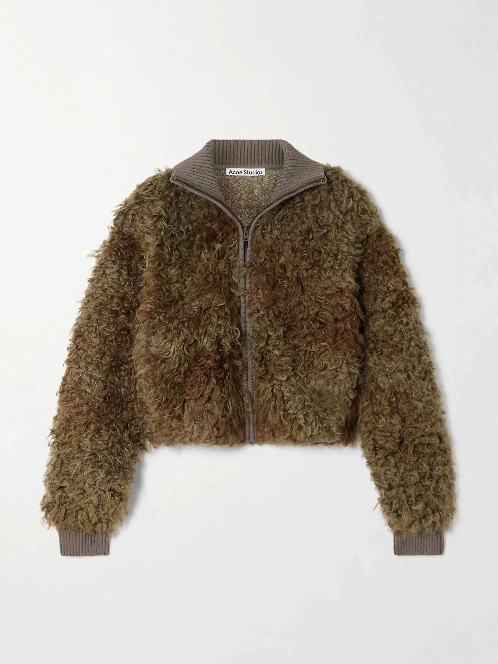 Knit-trimmed faux shearling jacket