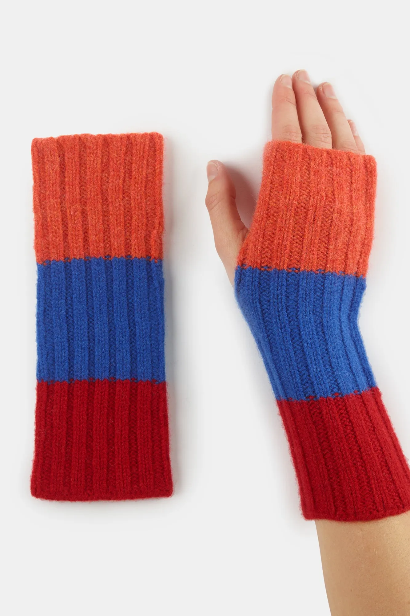 Lambswool Stripe Fingerless Gloves - Red/Blue/Orange