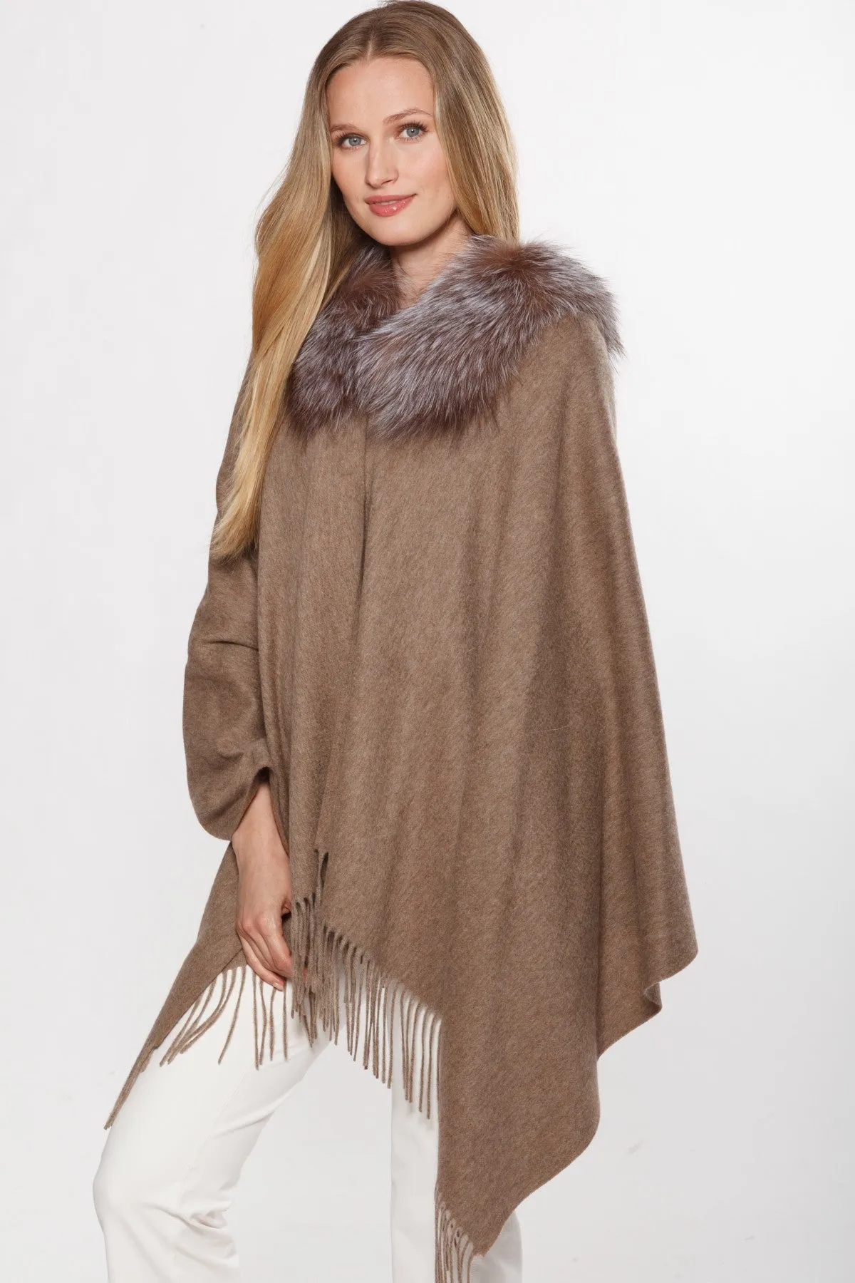 Linda Richards Fringe Shawl with Fox Fur KN-812 | Taupe