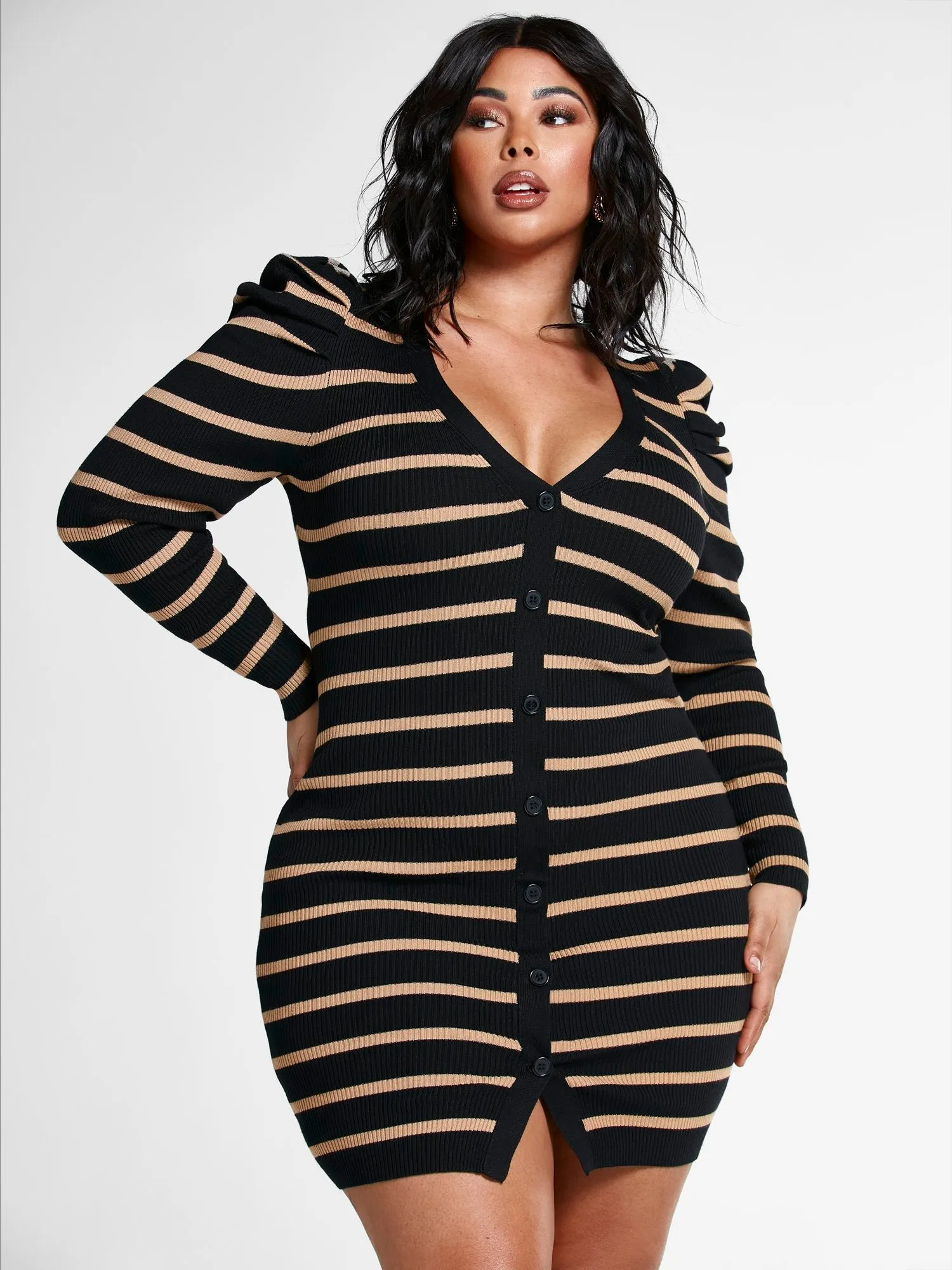 Makena Striped Puff Sleeve Sweater Dress