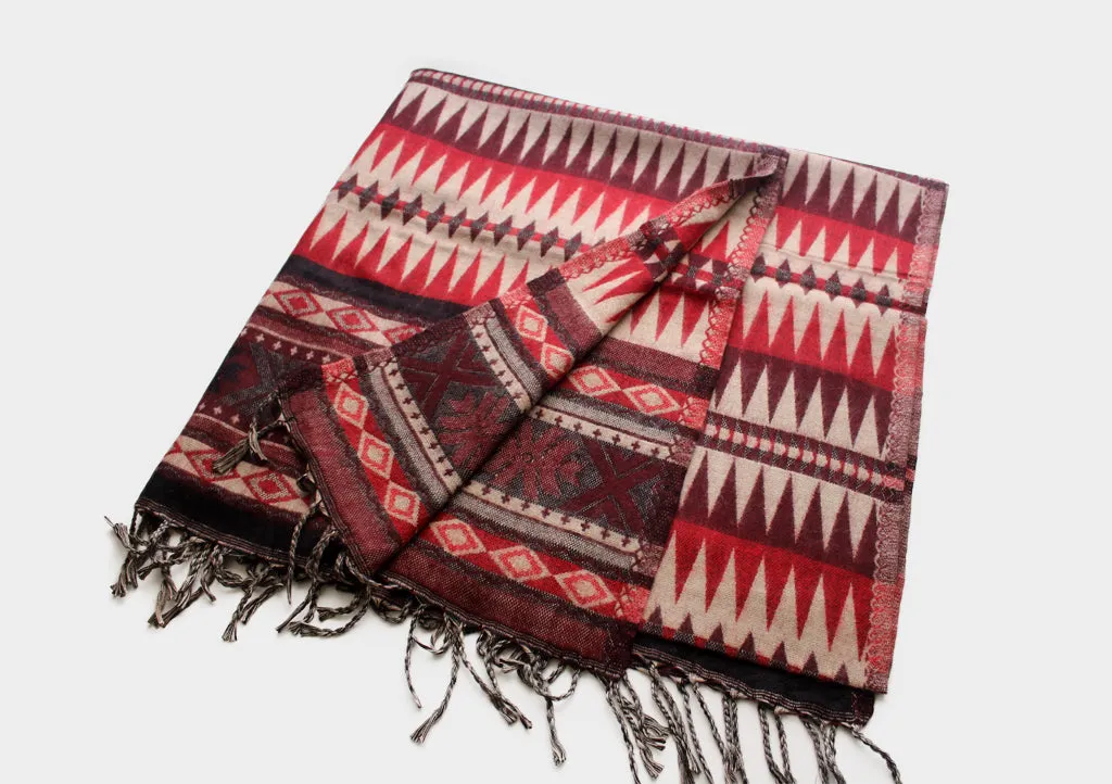 Maroon and Red Jacquard Triangle Print Woolen Shawl