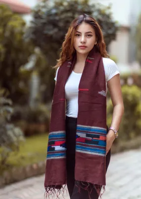 Maroon Yak Wool Shawl with Buttefly Pattern Handloomed in Nepal