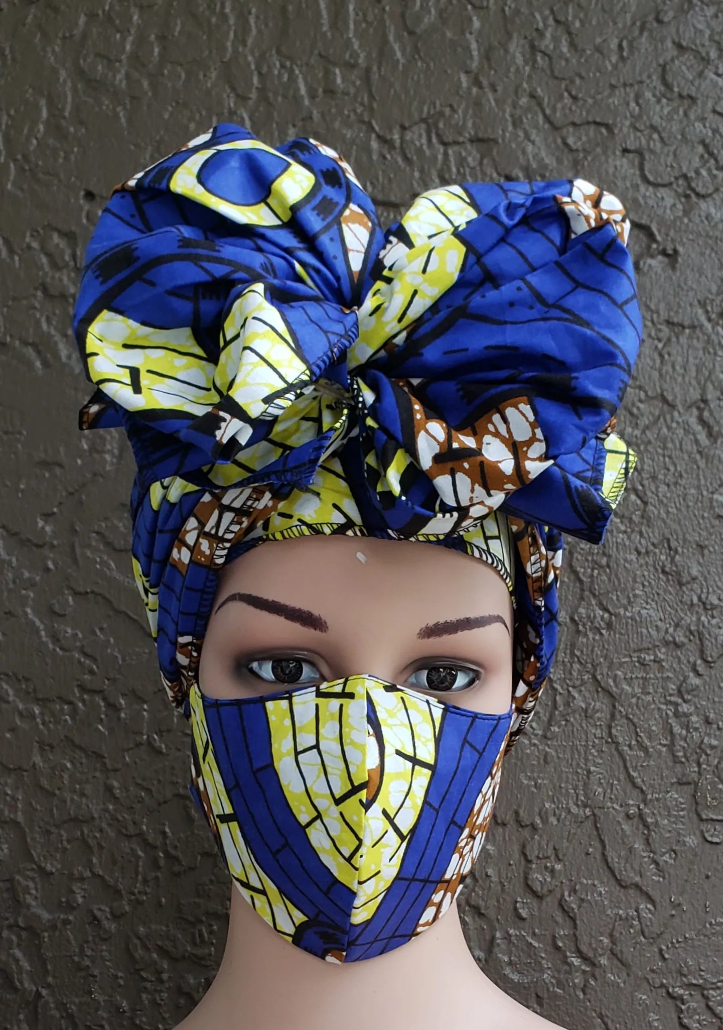 Matching  Mask-Headwrap Set - Blue/yellow