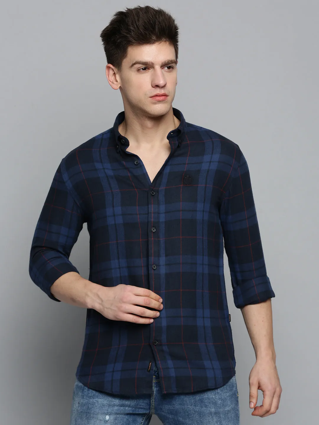 Men Navy Checked Casual Shirt