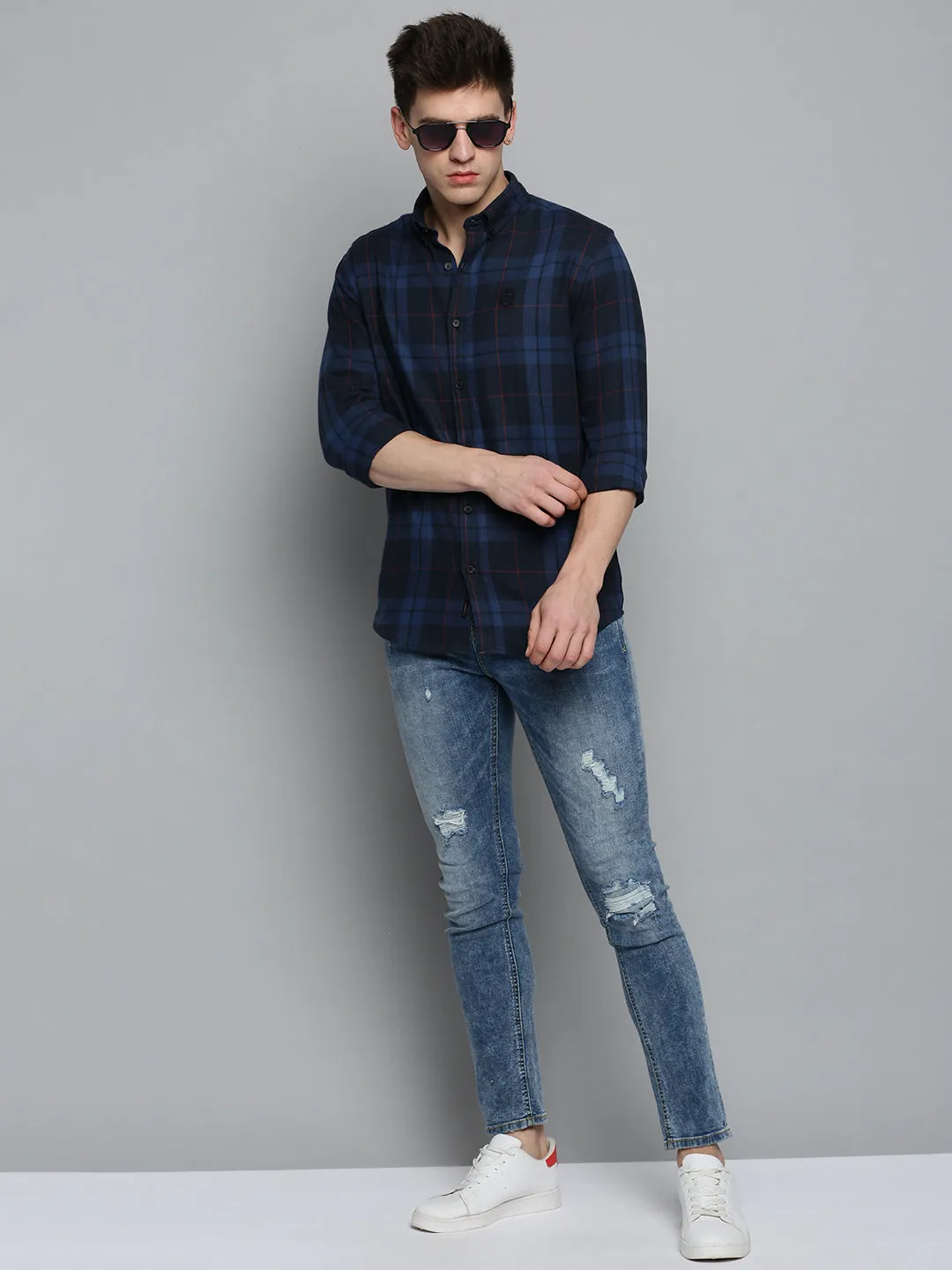 Men Navy Checked Casual Shirt