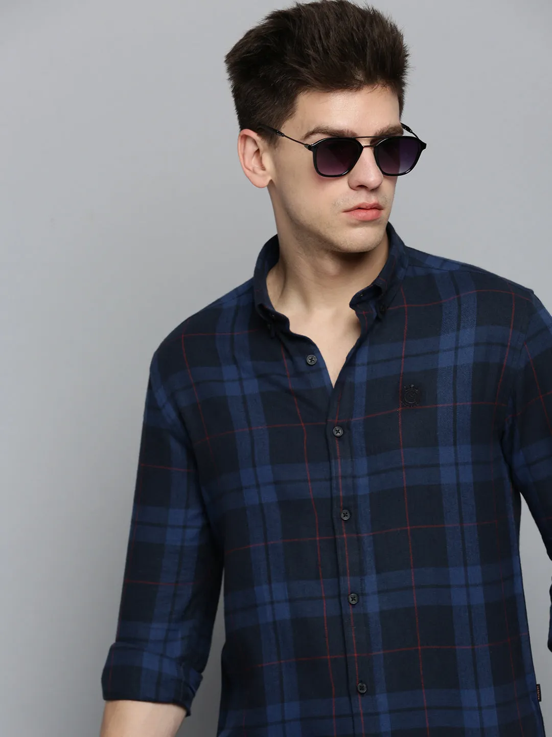 Men Navy Checked Casual Shirt