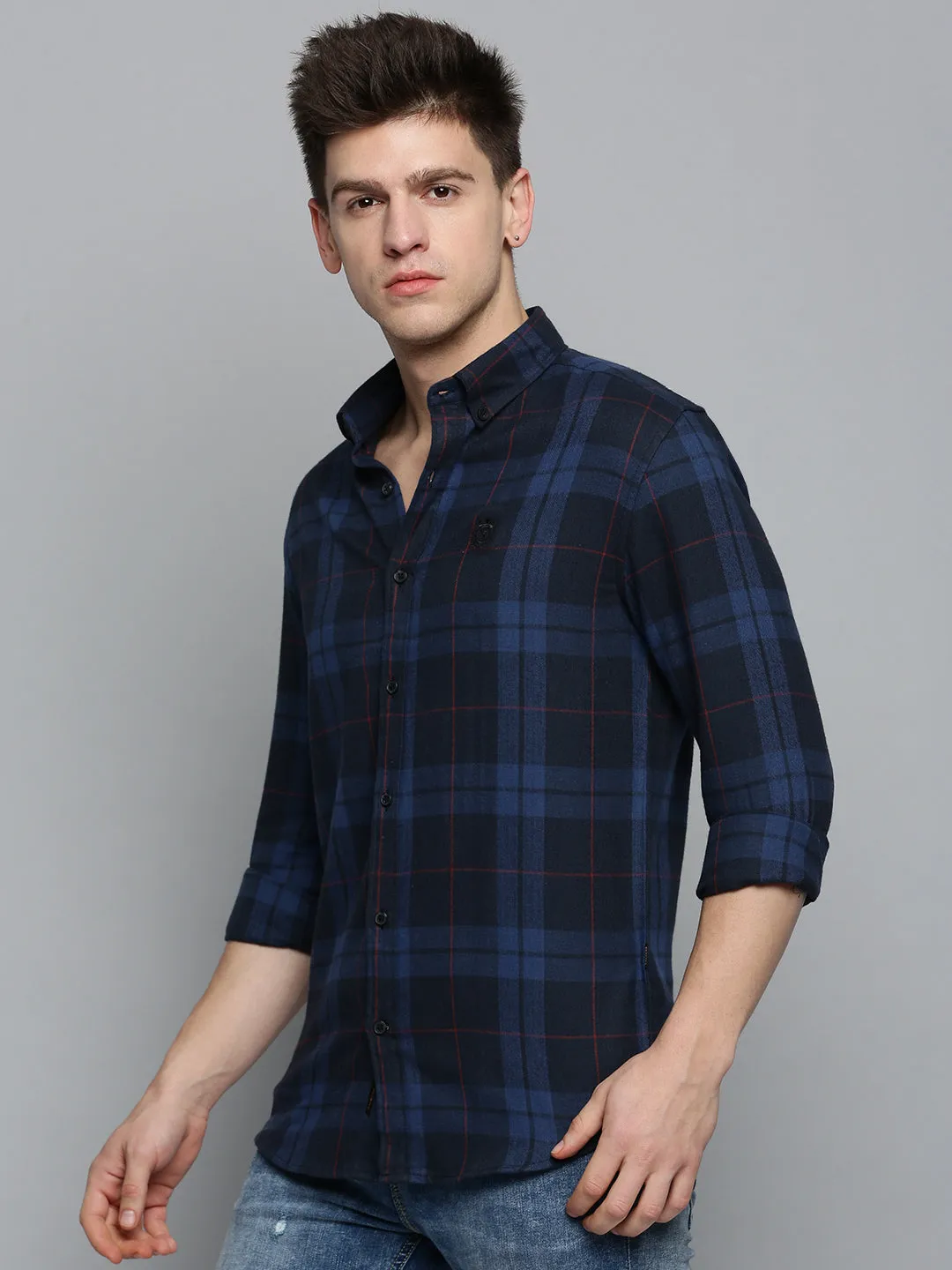 Men Navy Checked Casual Shirt