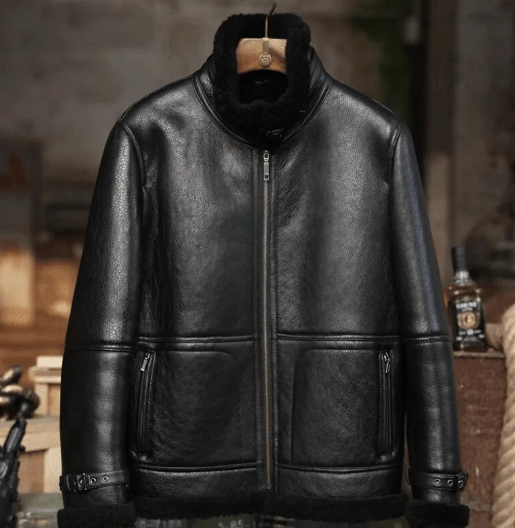 Mens Black Sheepskin Heavy Aviator Shearling Jacket