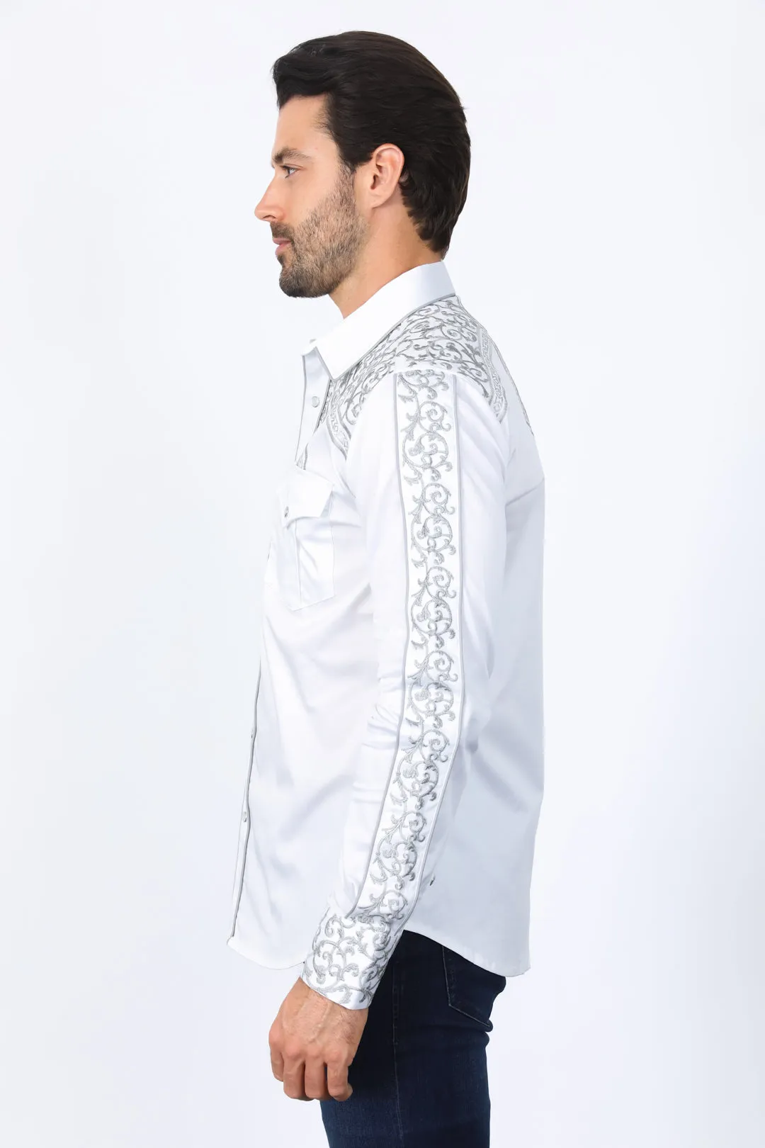 Mens Embroidery Modern Fit Stretch White Long Sleeve Shirt