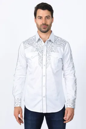 Mens Embroidery Modern Fit Stretch White Long Sleeve Shirt