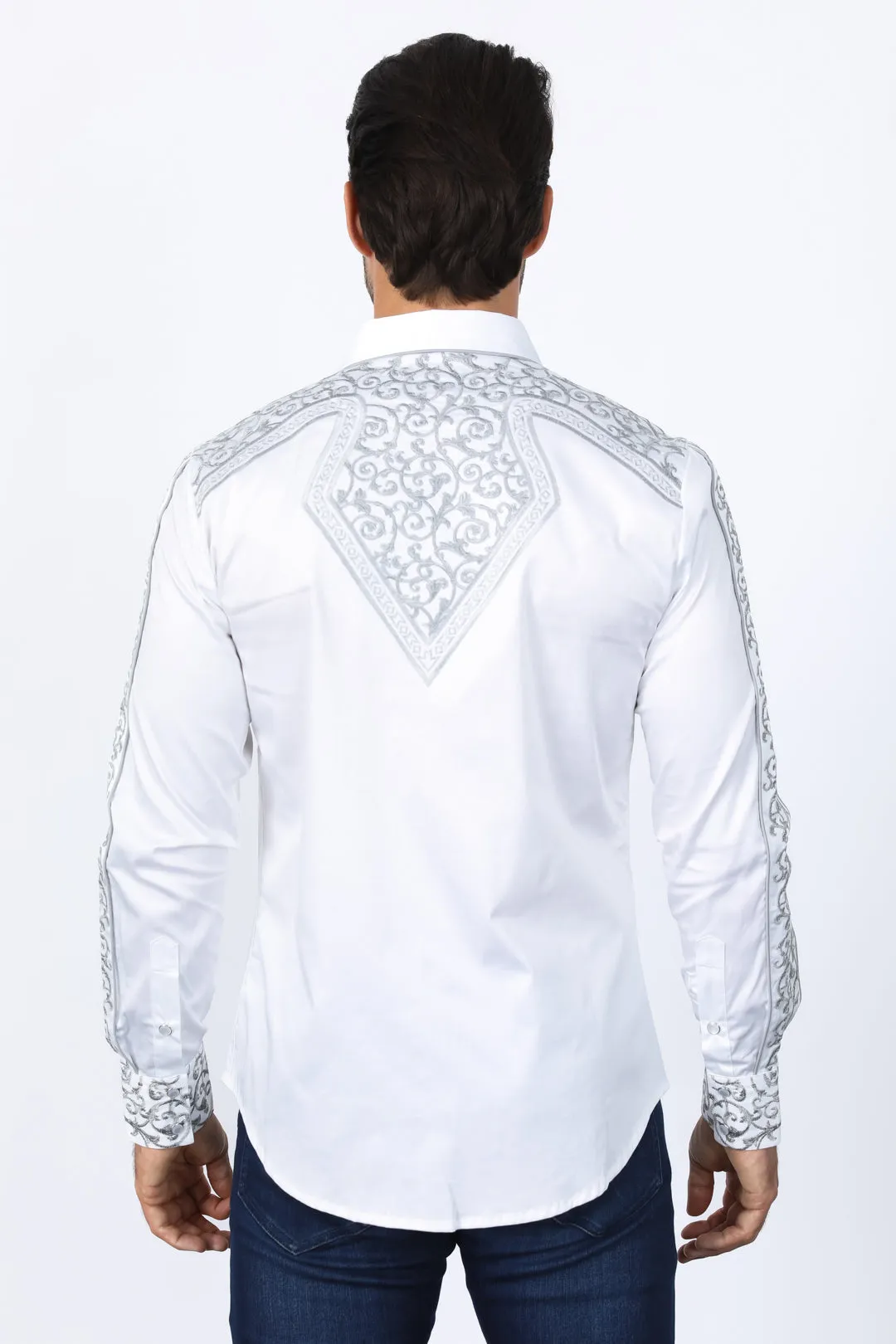 Mens Embroidery Modern Fit Stretch White Long Sleeve Shirt