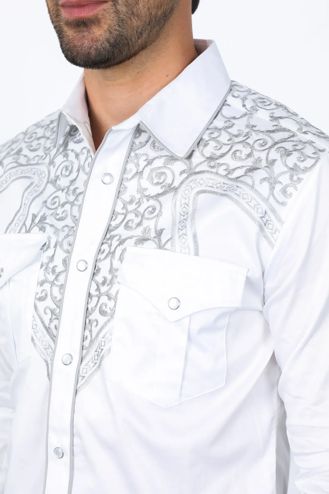 Mens Embroidery Modern Fit Stretch White Long Sleeve Shirt