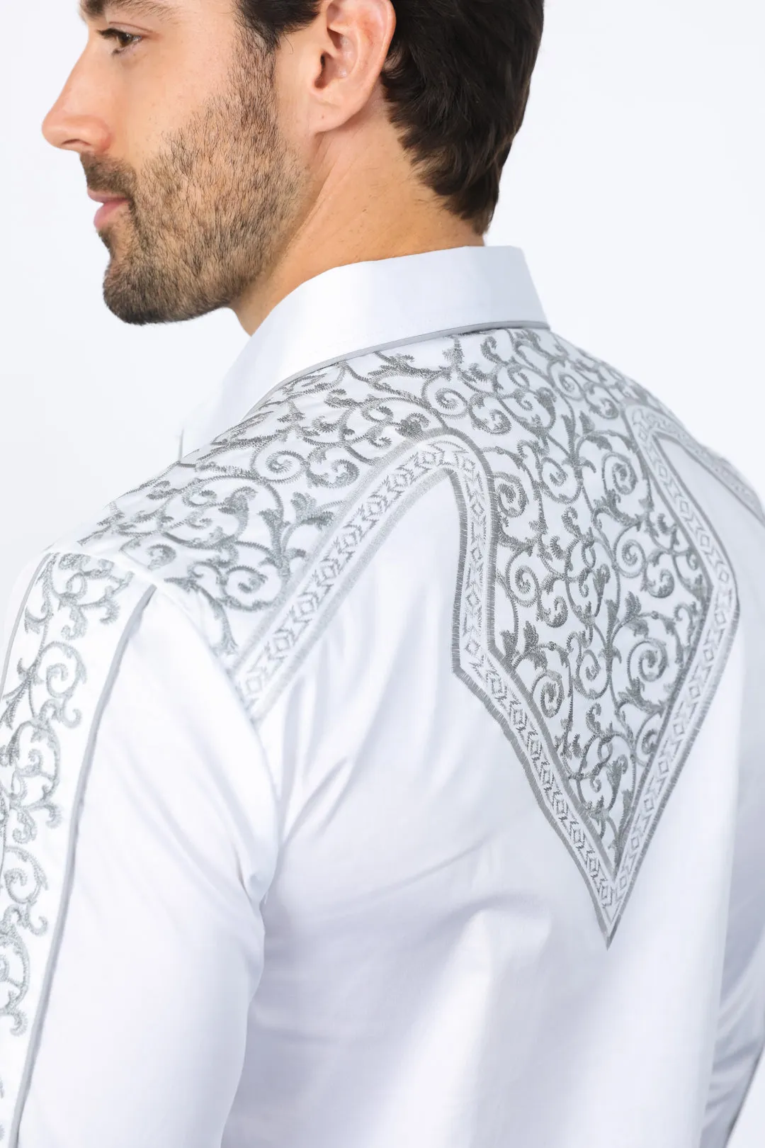 Mens Embroidery Modern Fit Stretch White Long Sleeve Shirt