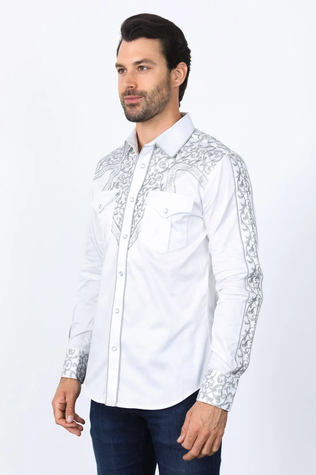 Mens Embroidery Modern Fit Stretch White Long Sleeve Shirt