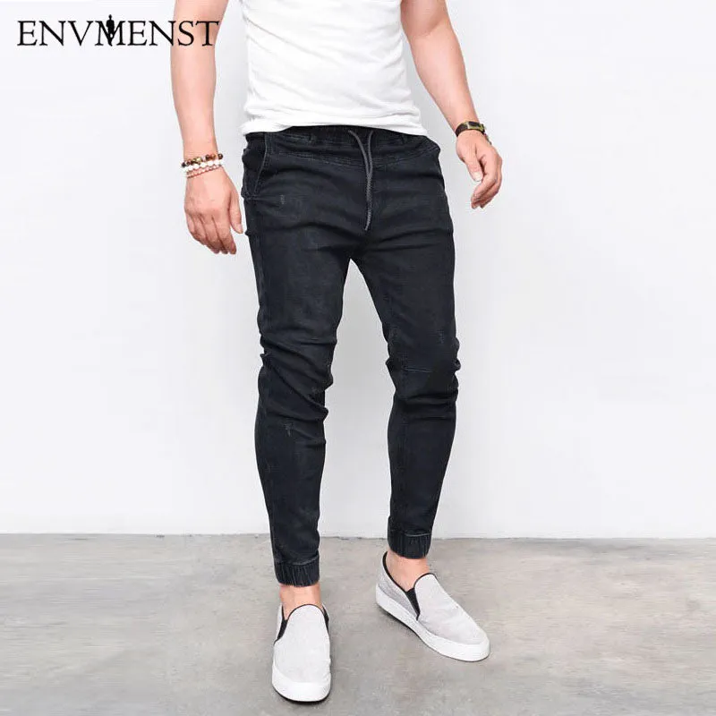 Men's Harem Jeans Washed Feet Shinny Denim Pants Hip Hop Sportswear Elastic Waist Joggers Pants