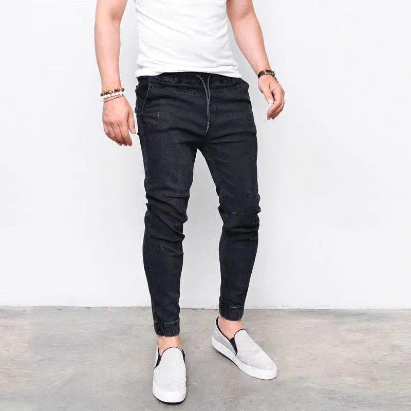 Men's Harem Jeans Washed Feet Shinny Denim Pants Hip Hop Sportswear Elastic Waist Joggers Pants