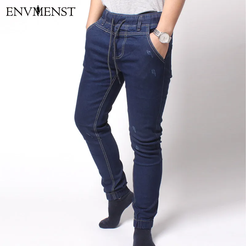 Men's Harem Jeans Washed Feet Shinny Denim Pants Hip Hop Sportswear Elastic Waist Joggers Pants