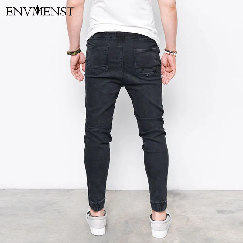 Men's Harem Jeans Washed Feet Shinny Denim Pants Hip Hop Sportswear Elastic Waist Joggers Pants